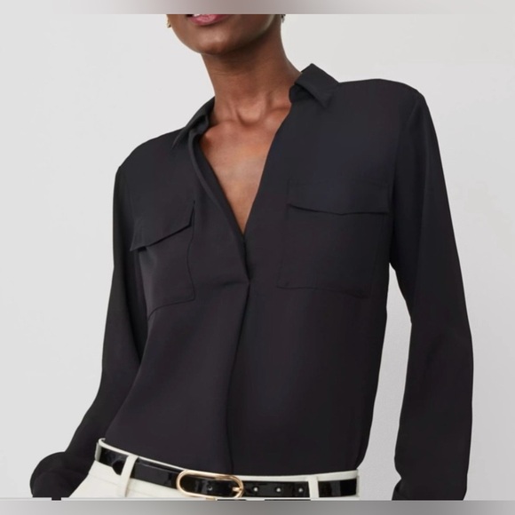 Ann Taylor Tops - Ann Taylor black camp shirt blouse pocket front size XS